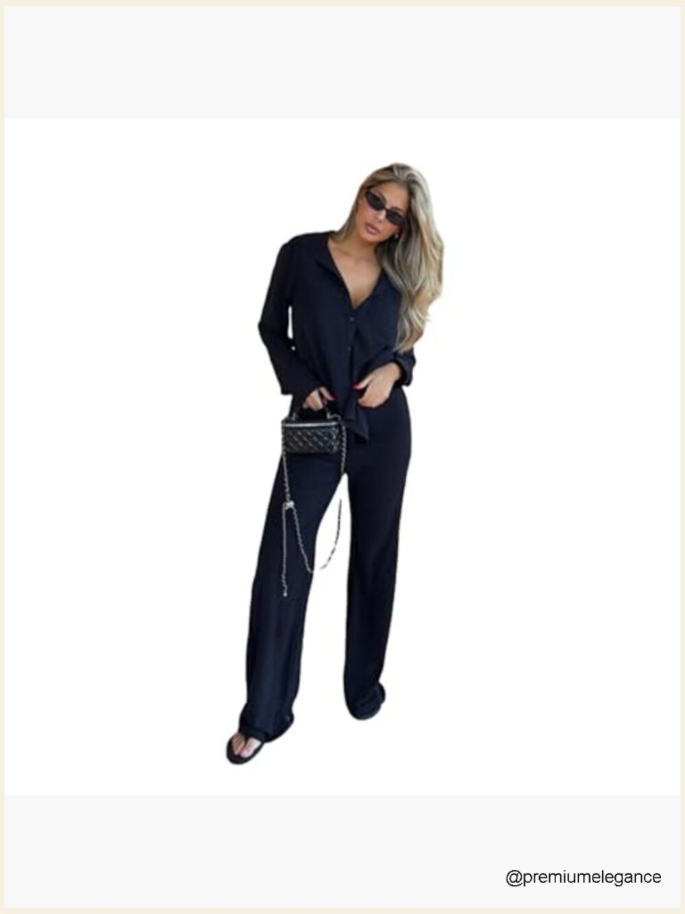 Business Casual 2 Piece Outfit - Long Sleeve Button Down Shirt and Wide Leg - Picture 3 of 7